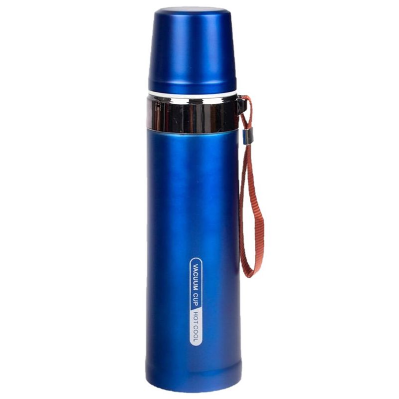 Foto van Thermosfles / isoleerfles rvs met bandje voor onderweg 750 ml blauw - thermosflessen