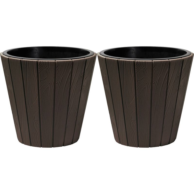 Foto van Prosperplast plantenpot/bloempot wood style - 2x - buiten/binnen - kunststof - donkerbruin - d35 x h32 cm - plantenpotte