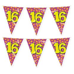 Foto van Paperdreams verjaardag 16 jaar thema vlaggetjes - 2x - feestversiering - 10m - folie - dubbelzijdig - vlaggenlijnen