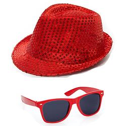 Foto van Carnaval verkleed set hoed en bril rood glitters - verkleedhoofddeksels