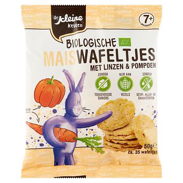 Foto van De kleine keuken biologische maiswafeltjes met linzen & pompoen 7+ maanden 50g bij jumbo