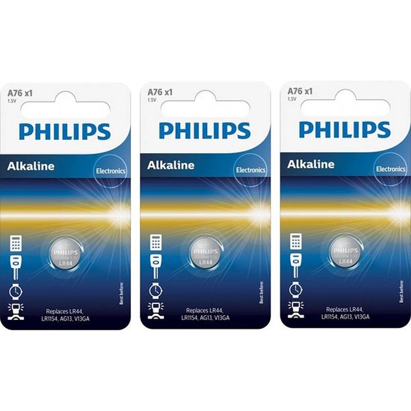 Foto van 3 stuks - philips lr44/76a 1.5v alkaline knoopcel batterij