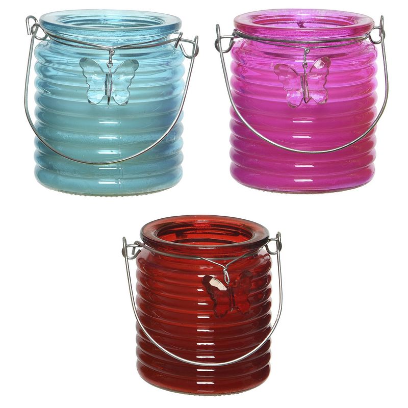 Foto van Set van 3x stuks citronella anti muggen kaarsen windlicht blauw, roze en rood 20 branduren - geurkaarsen