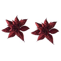 Foto van 2x stuks decoratie bloemen kerstster rood glitter op clip 15 cm - kersthangers