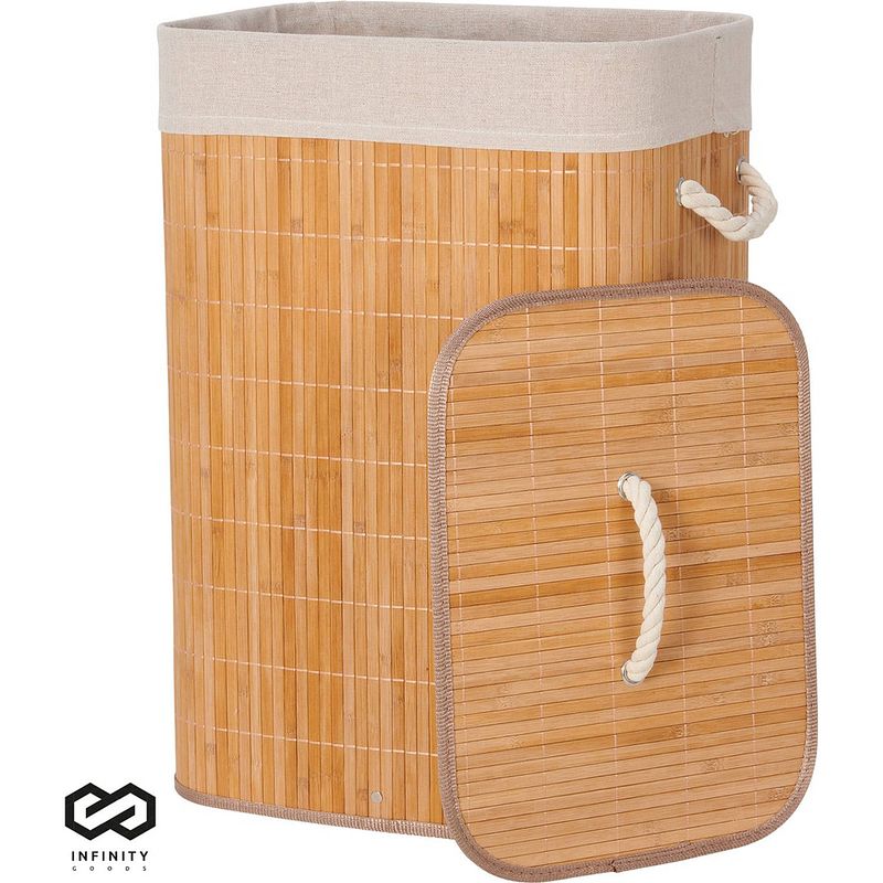 Foto van Infinity goods bamboe wasmand met deksel - wassorteerder - wasbare katoenen waszak - handvatten - 72 liter - natuurlijk