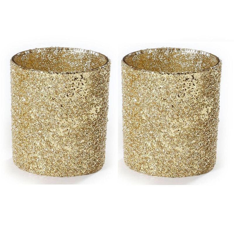 Foto van 2x stuks theelichthouders/waxinelichthouders glitter goud 9 cm - waxinelichtjeshouders