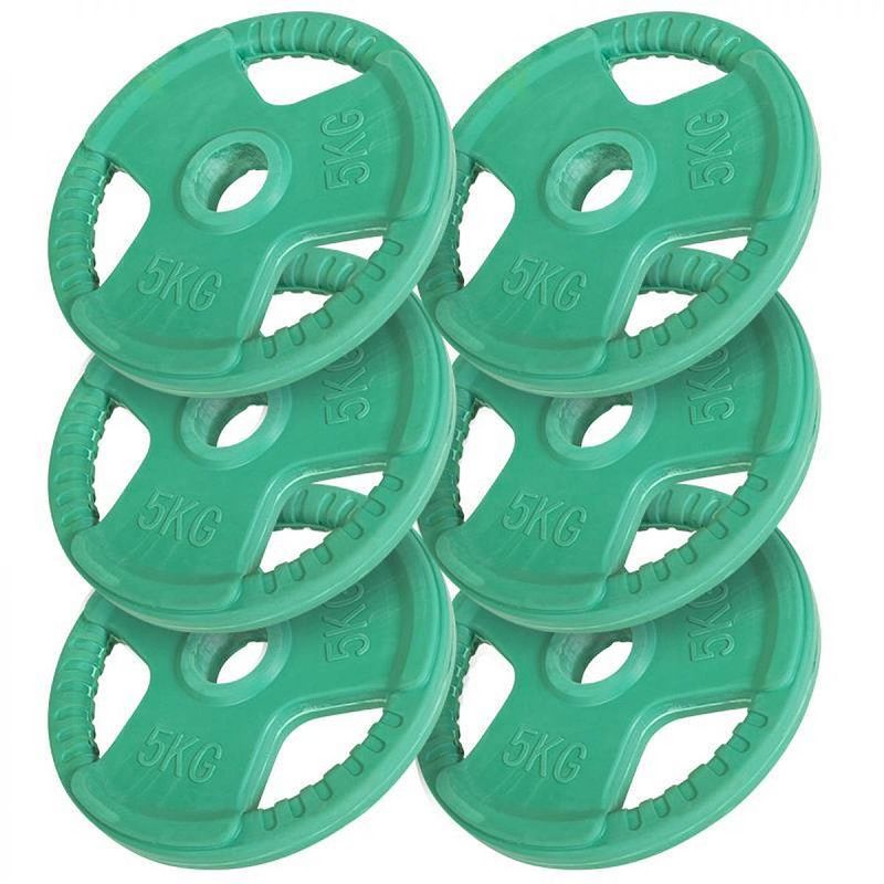 Foto van Gorilla sports halterschijven set - bundel - 30 kg (6 x 5 kg) - gripper gietijzer (rubber coating) - 50 mm