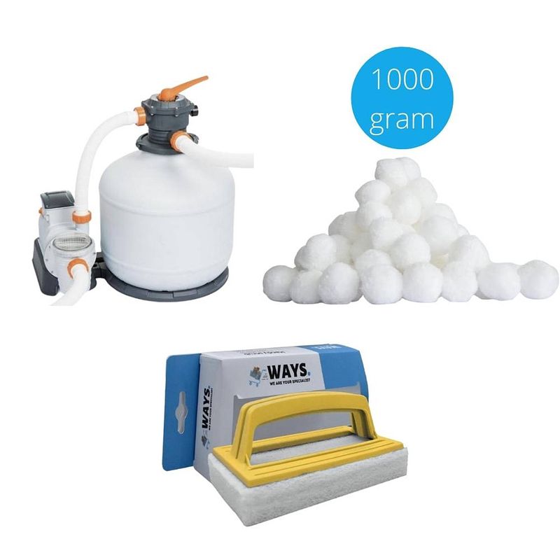 Foto van Bestway - zandfilterpomp 11355 l/u & filterbollen 1000 gram & ways scrubborstel