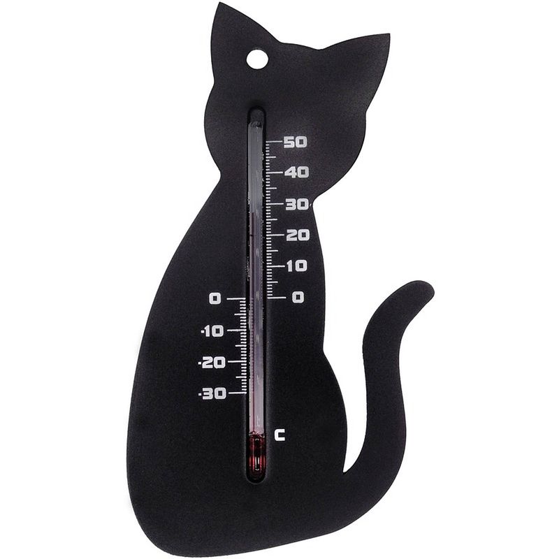 Foto van Binnen/buiten thermometer zwarte kat/poes 15 cm - buitenthermometers
