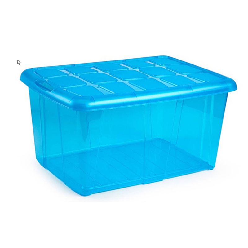 Foto van 1x opslagbakken/organizers met deksel 60 liter 63 x 46 x 32 transparant blauw - opbergbox