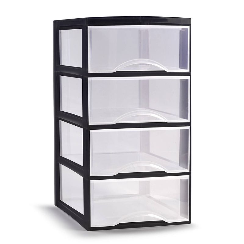 Foto van Plasticforte ladeblokje/bureau organizer 4x lades - transparant/zwart - l26 x b37 x h49 cm - ladeblok