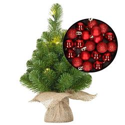 Foto van Mini kerstboom/kunstboom met verlichting 45 cm en inclusief kerstballen rood - kunstkerstboom