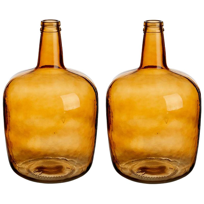 Foto van Bloemenvazen 2x stuks - flessen model - glas - amber goud - 22 x 39 cm - vazen