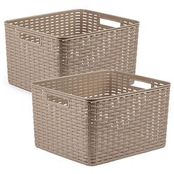 Foto van 2x stuks rotan gevlochten opbergmand/opbergbox kunststof - taupe - 34 x 40 x 23 cm - opbergbox