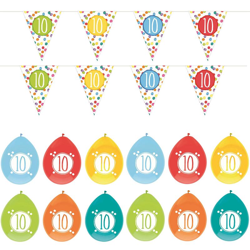 Foto van Leeftijd verjaardag 10 jaar geworden feestpakket vlaggetjes/ballonnen - feestpakketten