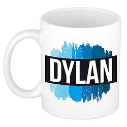 Foto van Naam cadeau mok / beker dylan met blauwe verfstrepen 300 ml - naam mokken