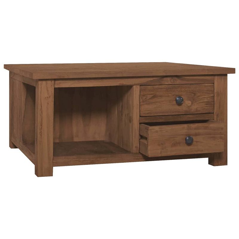 Foto van The living store massief teakhouten salontafel - 68 x 68 x 33 cm - met 2 lades en 1 schap