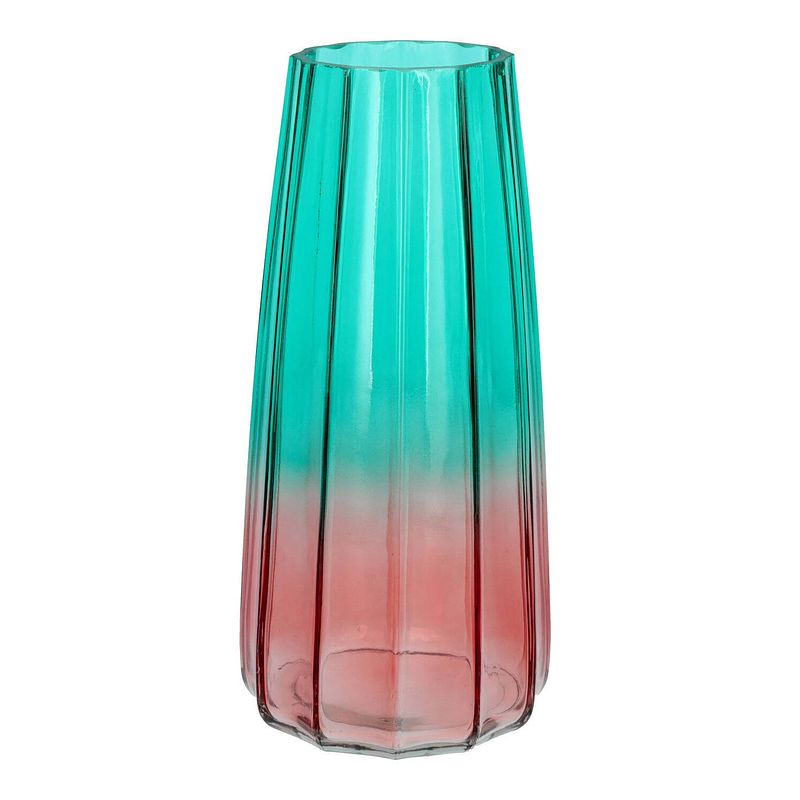 Foto van Bloemenvaas - blauw/roze - transparant glas - d10 x h21 cm - vazen