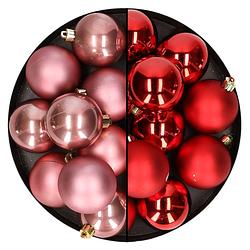 Foto van 24x stuks kunststof kerstballen mix van rood en oudroze 6 cm - kerstbal