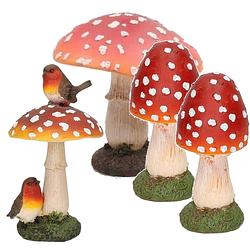 Foto van Decoratie paddenstoelen setje met 3x gewone paddenstoel en 1x met vogeltjes - tuinbeelden