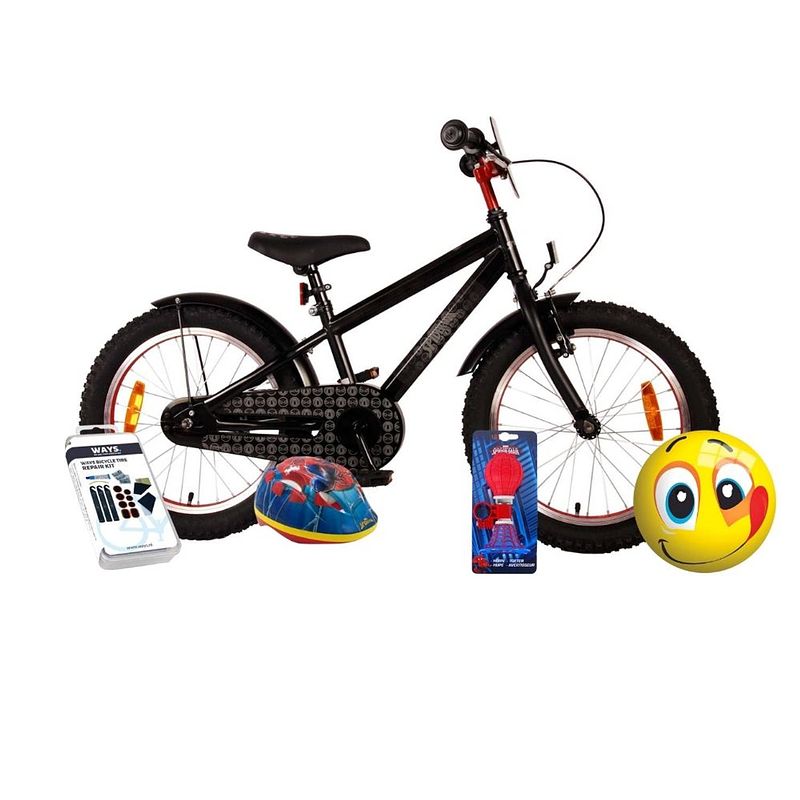 Foto van Volare kinderfiets spider-man - 18 inch - zwart - met fietshelm en accessoires