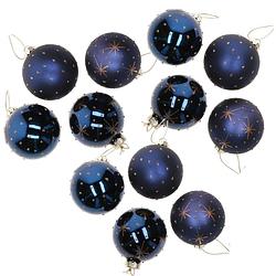Foto van 12x stuks luxe gedecoreerde glazen kerstballen blauw 6 cm - kerstbal