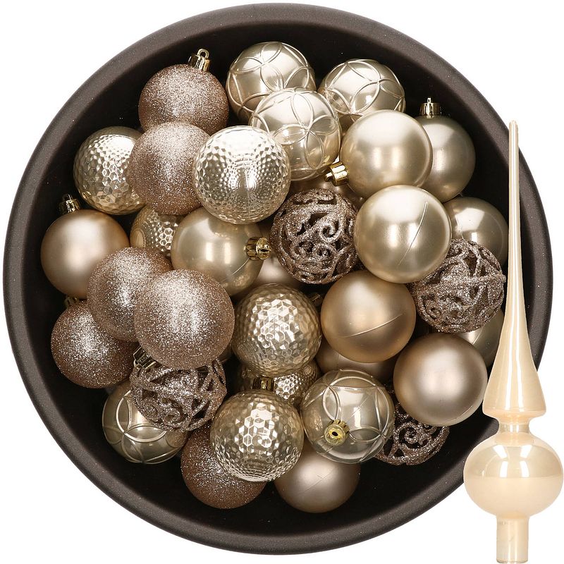 Foto van 37x stuks kunststof kerstballen 6 cm incl. glazen piek champagne - kerstbal