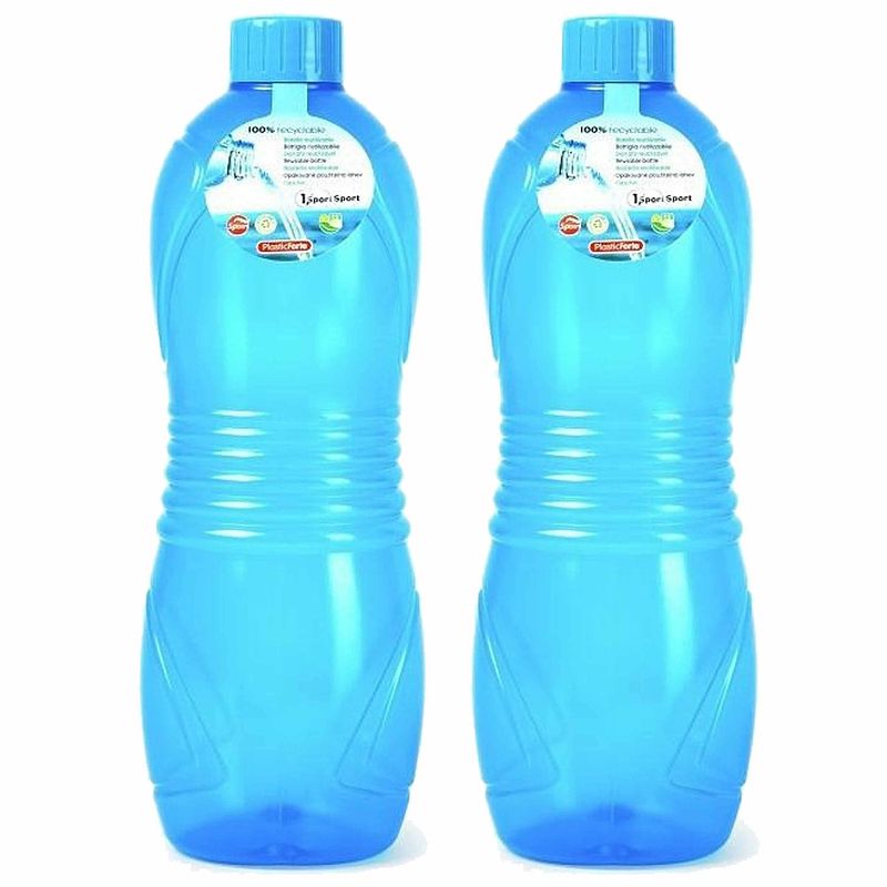 Foto van Plasticforte drinkfles/waterfles/bidon - 2x - 1000 ml - transparant/blauw - kunststof - drinkflessen