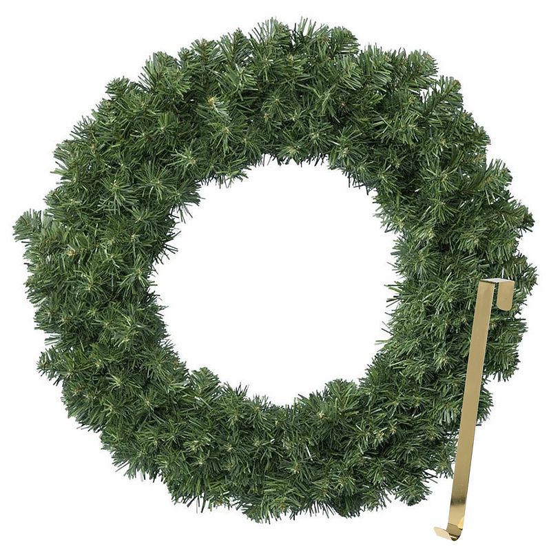 Foto van Kerstkrans 60 cm - groen - met gouden hanger/ophanghaak - kerstversiering - kerstkransen