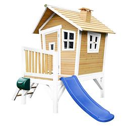 Foto van Axi robin speelhuis op palen & blauwe glijbaan speelhuisje voor de tuin / buiten in bruin & wit van fsc hout