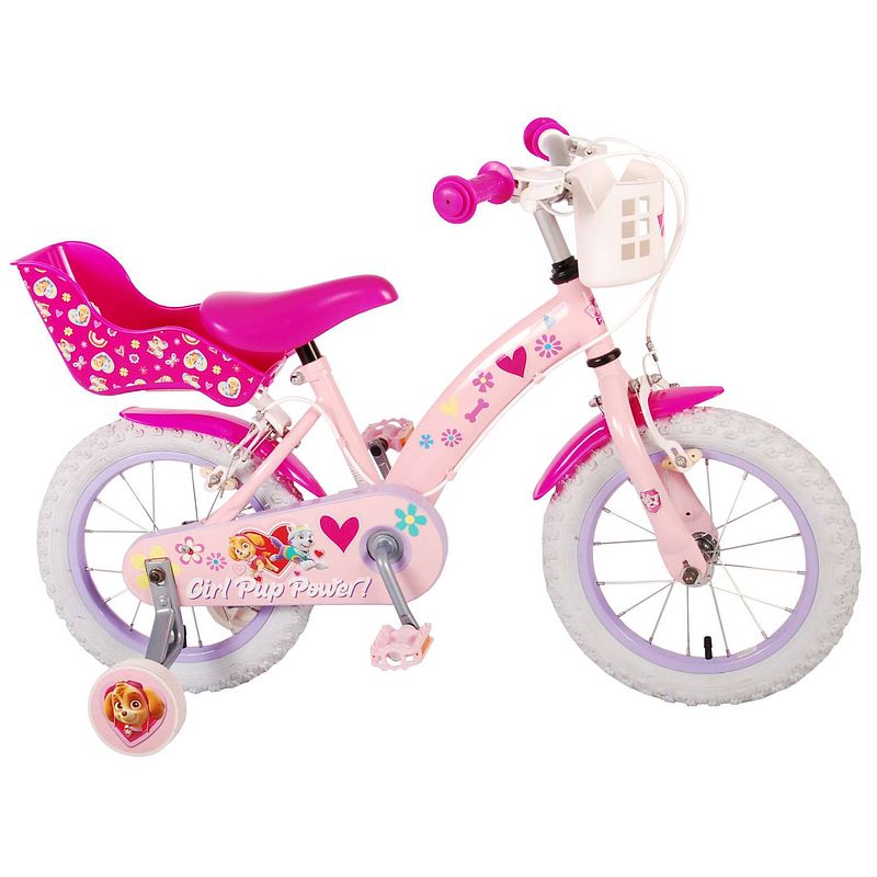 Foto van Paw patrol kinderfiets - meisjes - 14 inch - roze - twee handremmen - mandje voor en poppenzitje achter