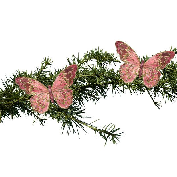 Foto van 2x stuks kerstboom decoratie vlinders op clip glitter roze 18 cm - kersthangers