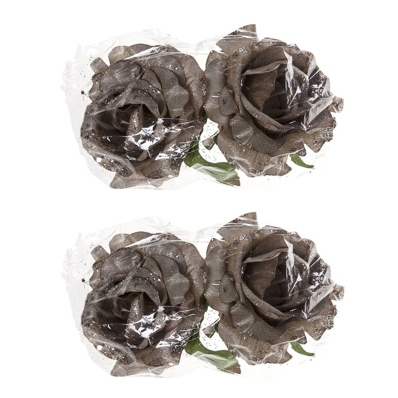 Foto van 4x stuks decoratie bloemen roos zilver glitter op clip 10 cm - kersthangers
