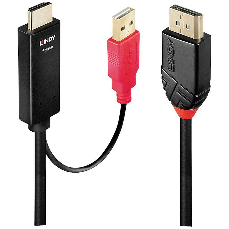 Foto van Lindy aansluitkabel displayport stekker, hdmi-a stekker, usb-a stekker 0.5 m zwart 41424 displayport-kabel