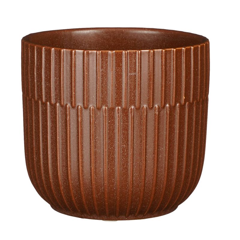 Foto van Plantenpot/bloempot keramiek mat bruin stripes patroon - d12.5/h11 cm - plantenpotten