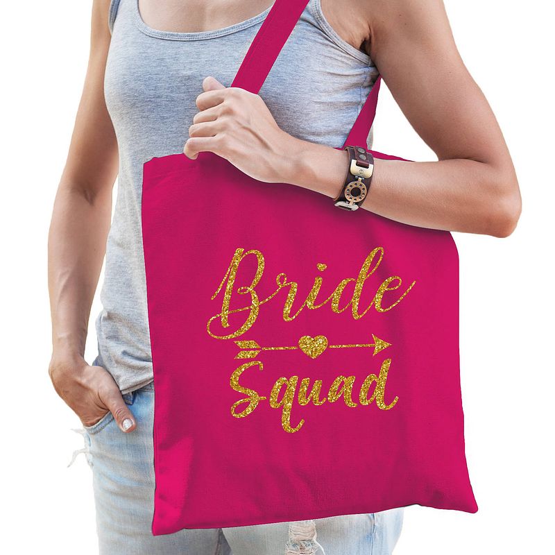 Foto van 1x vrijgezellenfeest bride squad tasje roze/goud goodiebag dames - feest boodschappentassen