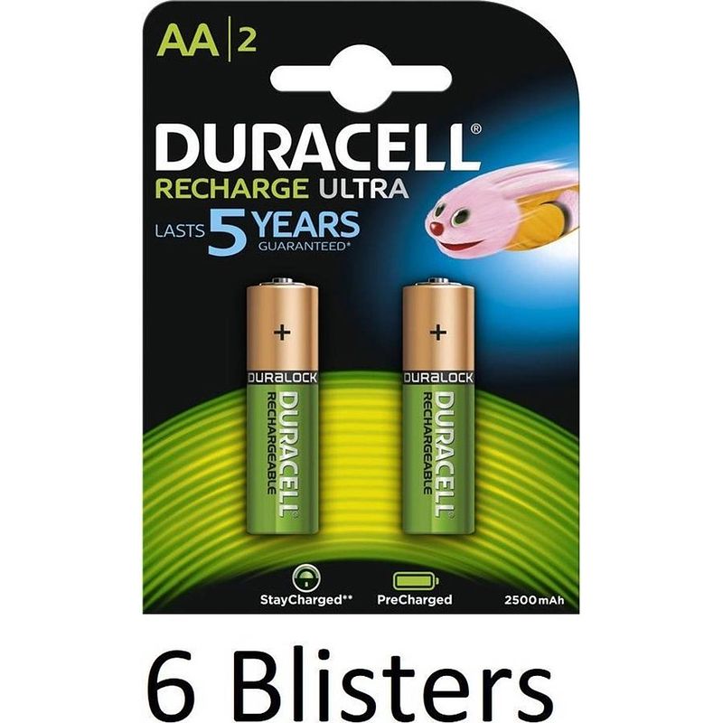 Foto van 12 stuks (6 blisters a 2 st) duracell aa oplaadbare batterijen - 2500 mah