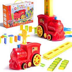 Foto van 82-delige speelgoed domino trein inclusief stenen rood - voor het automatisch neerzetten van domino stenen