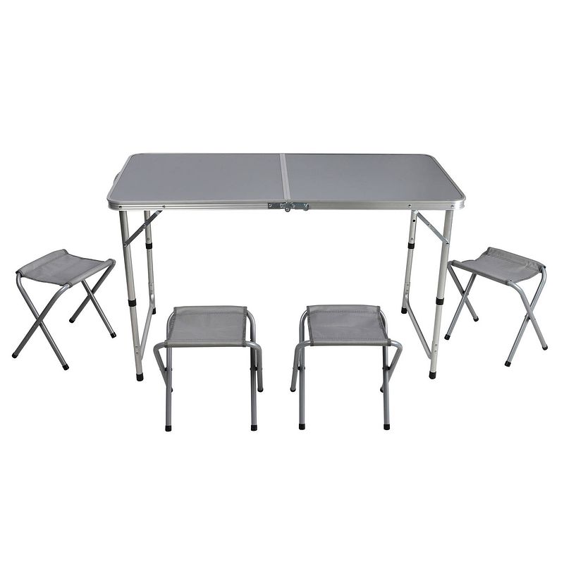 Foto van Sunnydays camping tafel/krukjes - opvouwbaar - grijs - l120 x b60 x h67 cm - bijzettafels - campingtafels