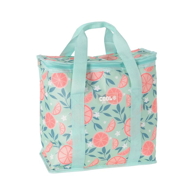 Foto van Medium size koeltas voor lunch hawaii fruit thema groen/creme 34 x 16 x 36 cm 16 liter - koeltas