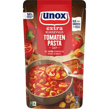 Foto van Unox extra rijkgevuld soep in zak tomaten pasta 570ml aanbieding bij jumbo | bij aankoop van 2 stuks aan deelnemende unox of conimex artikelen ontvang je een extra spaarzegel voor de raceauto van max verstappen2 zakken a 570 ml
