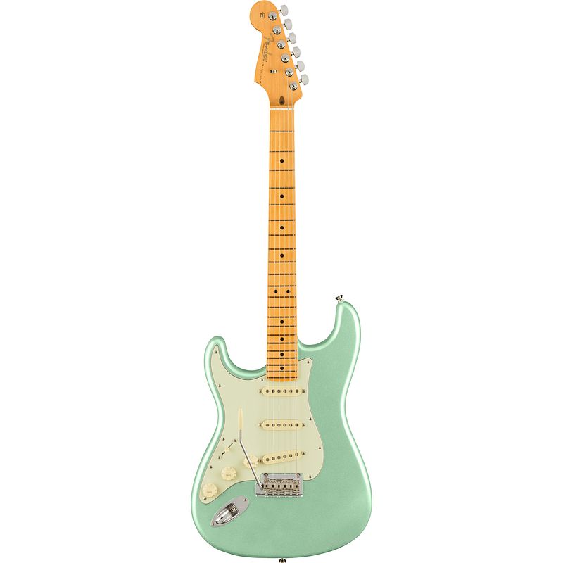 Foto van Fender american professional ii stratocaster lh mystic surf green mn linkshandige elektrische gitaar met koffer