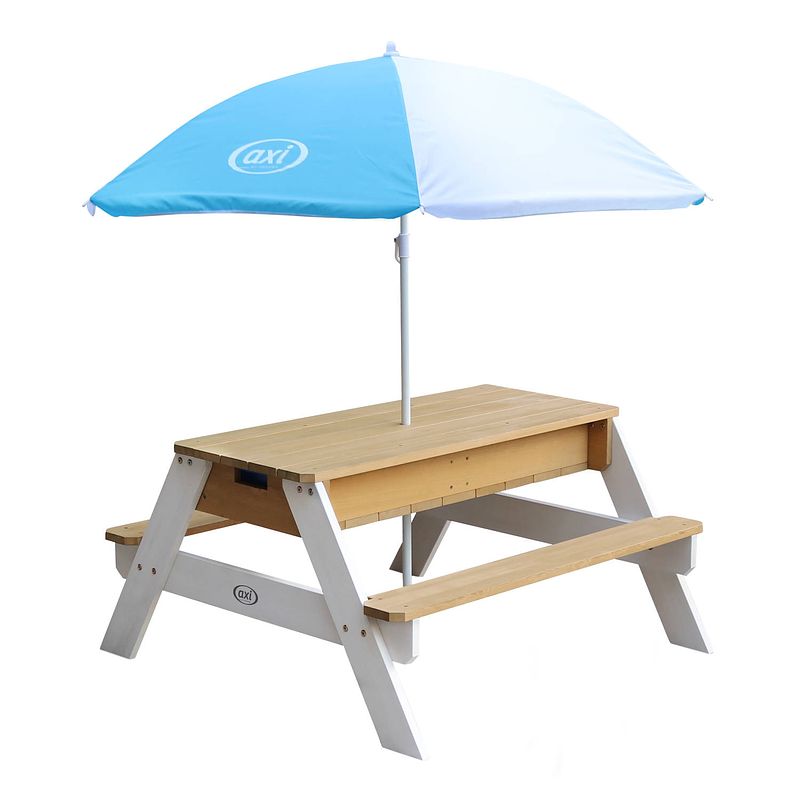 Foto van Axi nick picknicktafel / zandtafel / watertafel voor kinderen in bruin/wit met parasol in blauw/wit multifunctionele