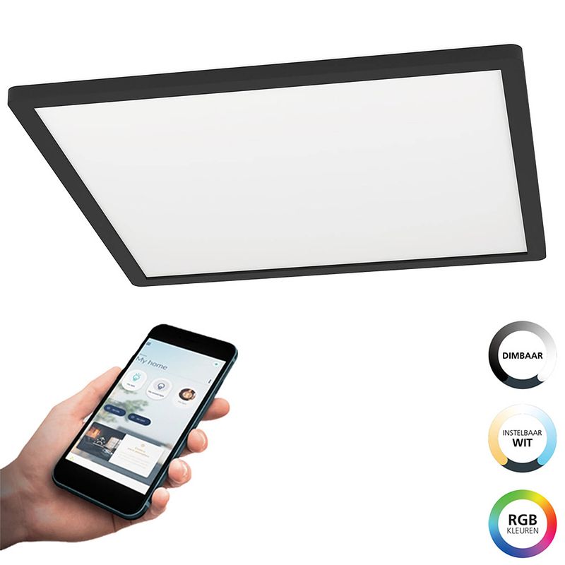 Foto van Eglo connect.z rovito-z smart plafondlamp - 42 cm - zwart/wit - instelbaar rgb & wit licht - dimbaar - zigbee