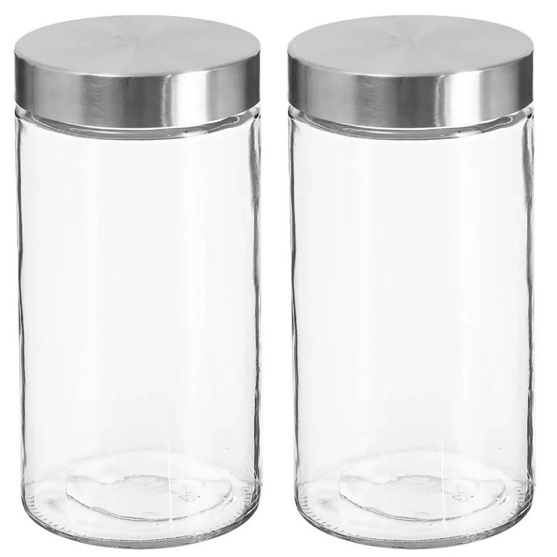 Foto van 2x stuks voorraadbussen/voorraadpotten 1,7l glas met rvs deksel - voorraadpot