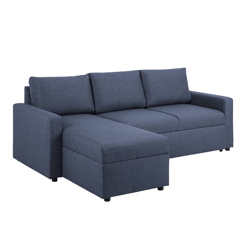 Foto van Sander slaapbank met chaise longue, opbergruimte en uittrek blauw.