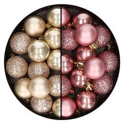 Foto van 28x stuks kunststof kerstballen parel/champagne en oudroze mix 3 cm - kerstbal