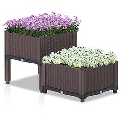 Foto van Set van 2 vierkante bloembak op poten - plantenbak vierkant - rattan look - 2 stuks - bruin
