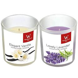 Foto van Geurkaarsen set van 4x stuks in houder vanille en lavendel 25 branduren - geurkaarsen