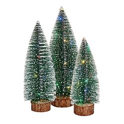 Foto van Kleine/mini decoratie kerstboompjes set van 3x st met gekleurd licht 25-35 cm - kerstdorpen